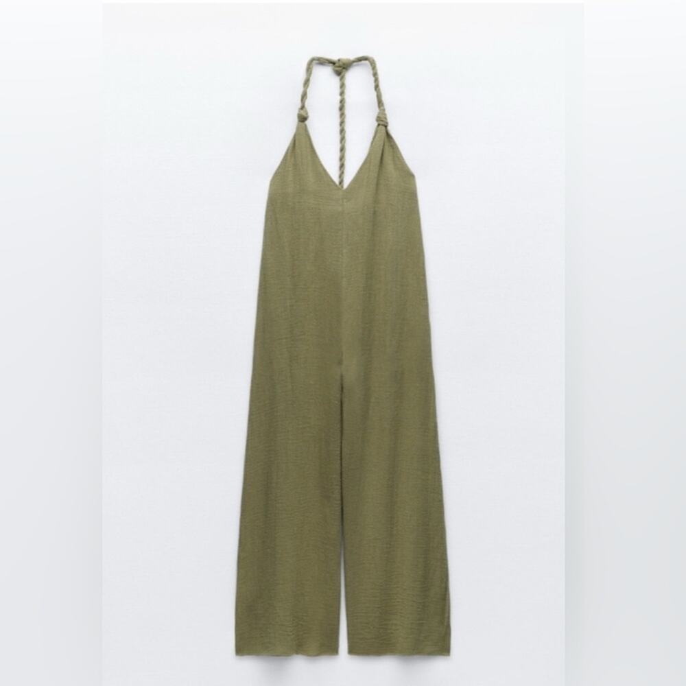 Nwt- ZARA- WOVEN STRAP PALAZZO JUMPSUIT-100% Linen-M